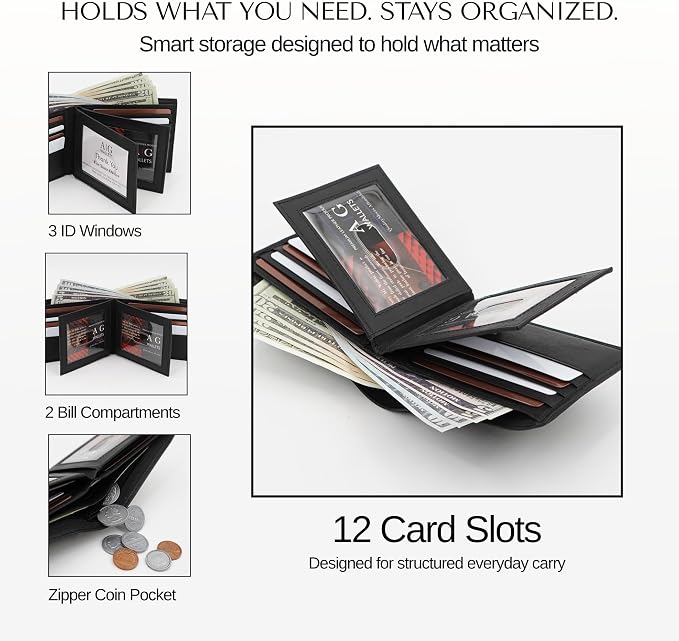 Men's Black Bifold Leather Wallet with 3 ID Windows